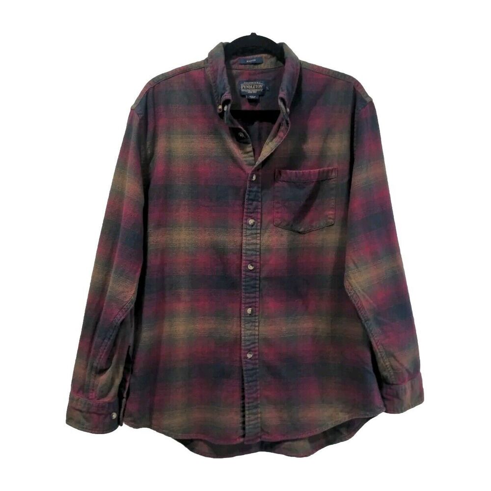 Pendleton Mens Mason Plaid Button Down LS Flannel Shirt Size L Red Gold Casual